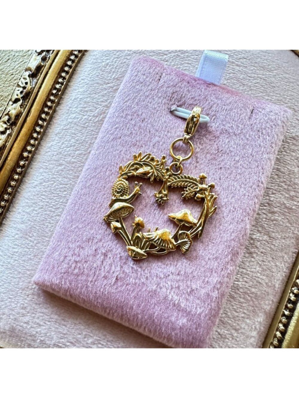 Heart-Shaped Forest Charm w/ Mushrooms & Snail Lobster Claw Clasp - Picture 6 of 14